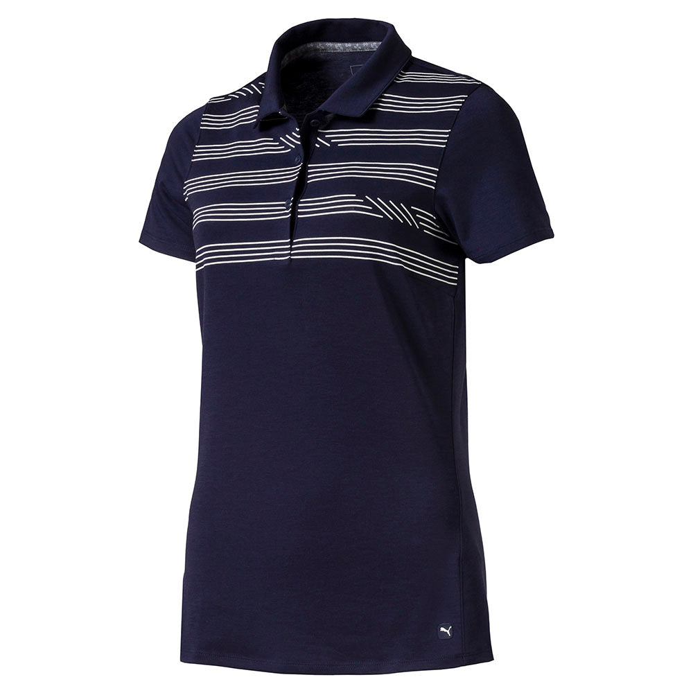 Puma Ladies Short-Sleeve Stripe Golf Polo with FusionYarn Flex in Peacoat