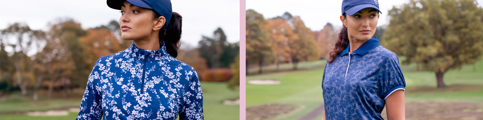A side-by-side split screen showing a woman modeling a Callaway ladies blue floral print short-sleeve polo shirt with ruched sleeve hems, and a navy golf cap on a golf course. The left side shows a female golfer on the same golf course wearing a quarter zip long-sleeve floral print top from Callaway golf.