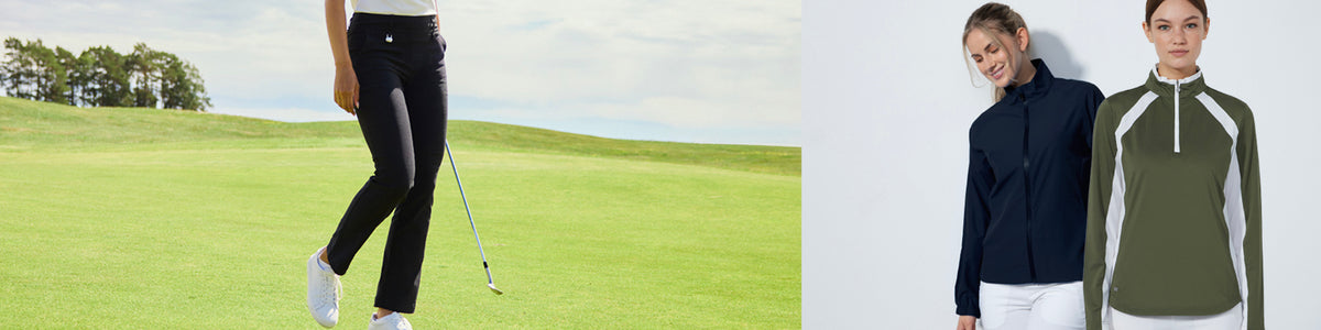 A split-screen image showing Daily Sports women's golf apparel. The left side shows a model from the waist down wearing Magic black golf trousers on a green golf course, holding a club. On the right are two models in a khaki green with white detail quarter zip top and navy weatherproof jacket
