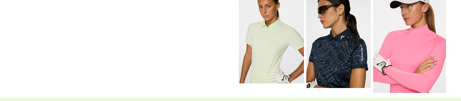 Three women wearing J.Lindeberg women's golf clothes: A light lime textured polo shirt, a contour print navy polo shirt and a light bright pink base layer. All available at GolfGarb.