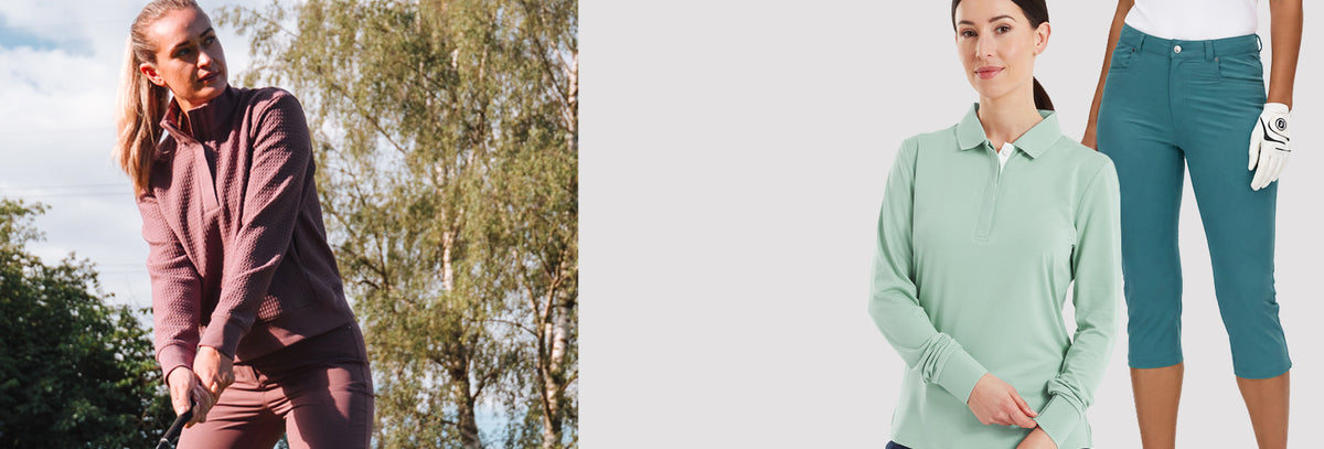 A split promotional image showing a woman lining up her shot on the golf course in warm cocoa Puma golf waffle mid layer on the left, and models on a light gray background on the right wearing a FootJoy ladues mint green long-sleeve polo and teal capris from Rohnisch golf