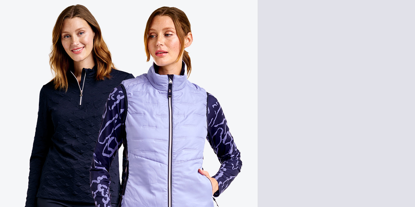 Two models wearing Nivo women's golf clothing including the navy long sleeve zip next top with textured print and the lilac wind and water resistant gilet