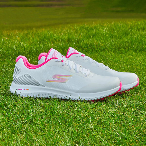 Skechers white and pink waterproof golf shoes at GolfGarb