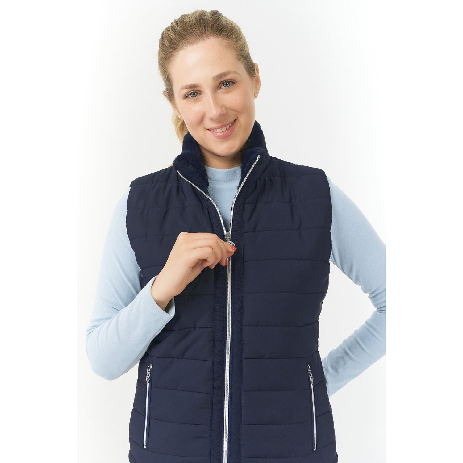 Pure Golf Ladies Gilet in Navy with Faux Fur Collar