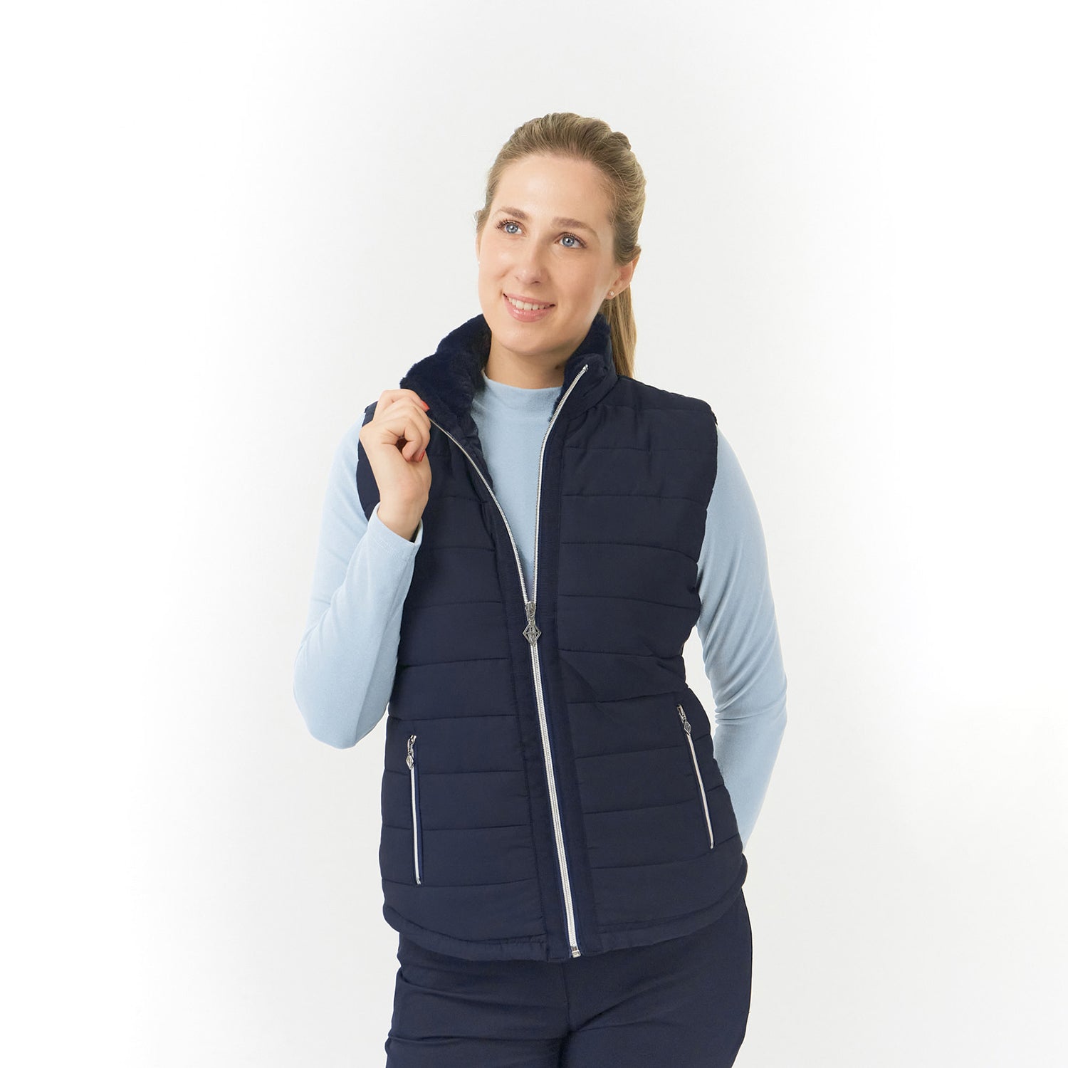 Pure Golf Ladies Gilet in Navy with Faux Fur Collar