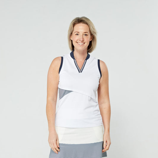 Swing Out Sister Ladies ELITE Sleeveless Polo in White with Navy Stripe