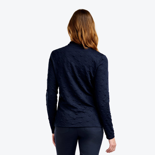 Nivo Ladies Mock Neck Long Sleeve Top with Textured Diamond Print in Navy