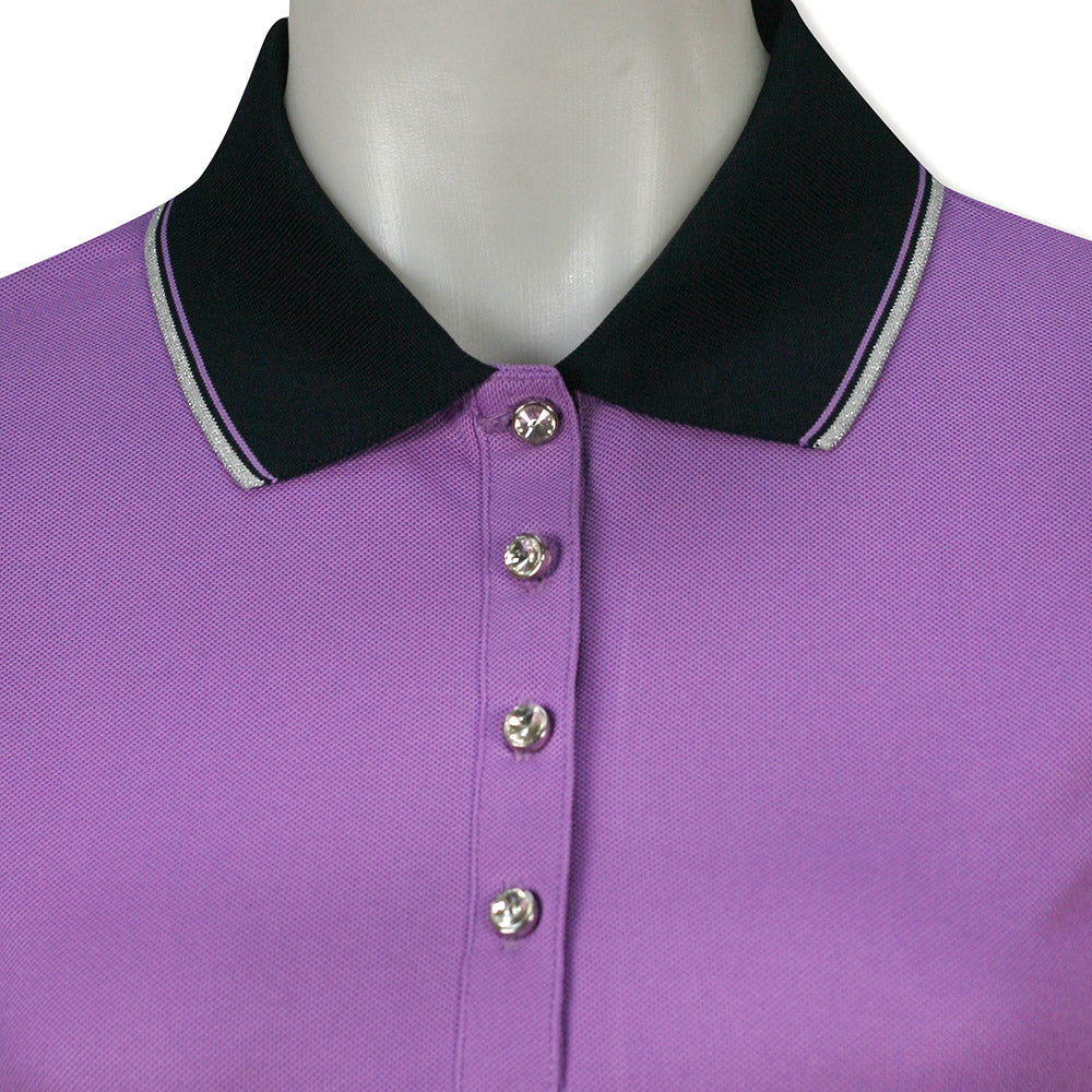 Glenmuir Ladies Rhinestone Buttoned Short Sleeve Polo Shirt in Amethyst/Navy/Silver