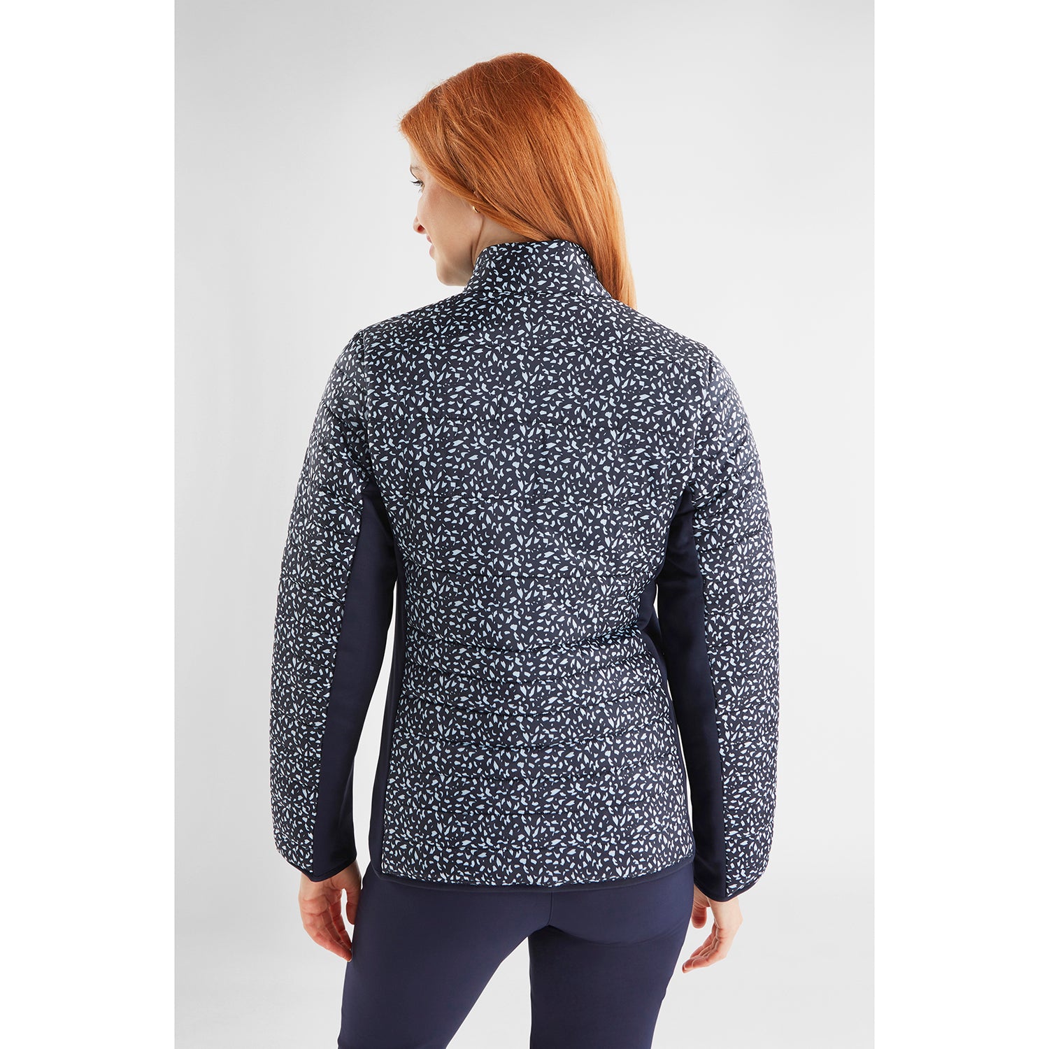 Green Lamb Ladies Quilted Jacket with Stretch Panels in Navy Stencil Print