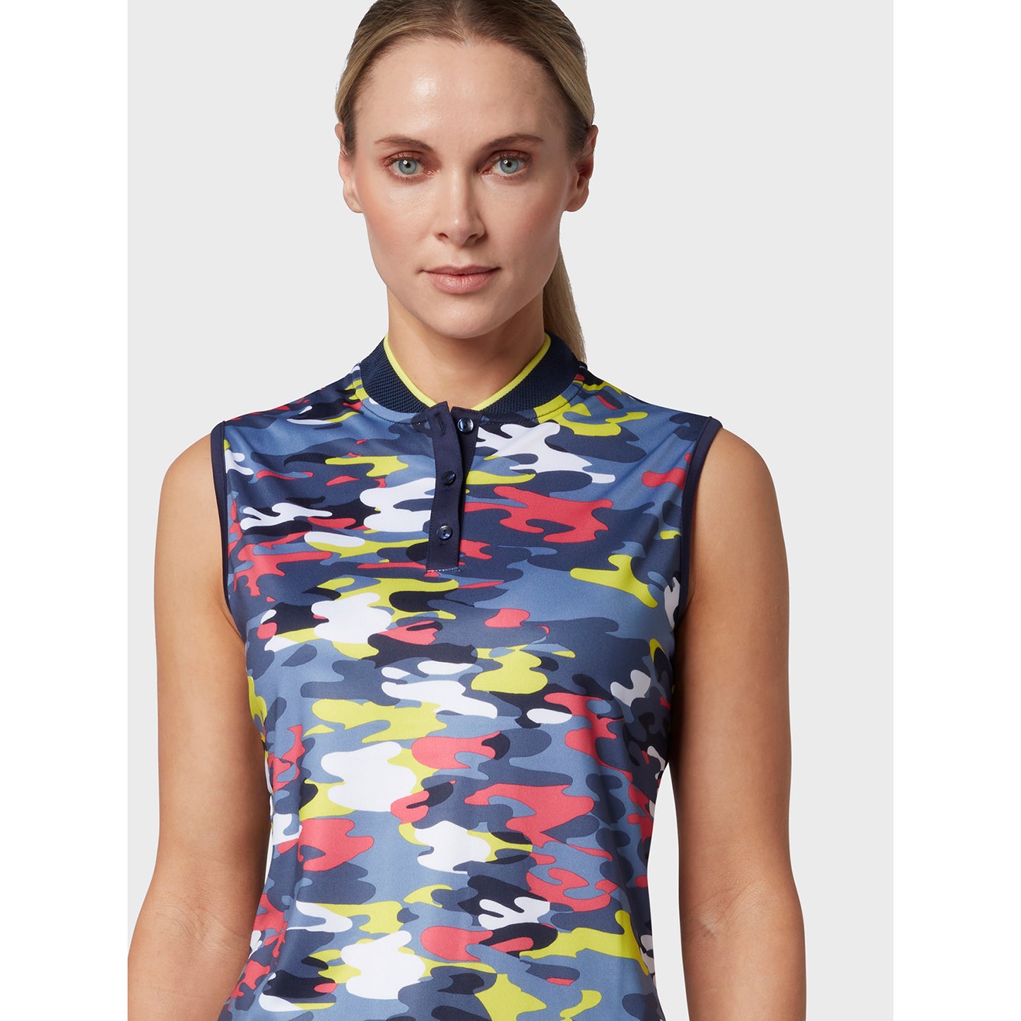 Callaway Ladies Sleeveless Camo Print Polo with Mesh Mock Neck