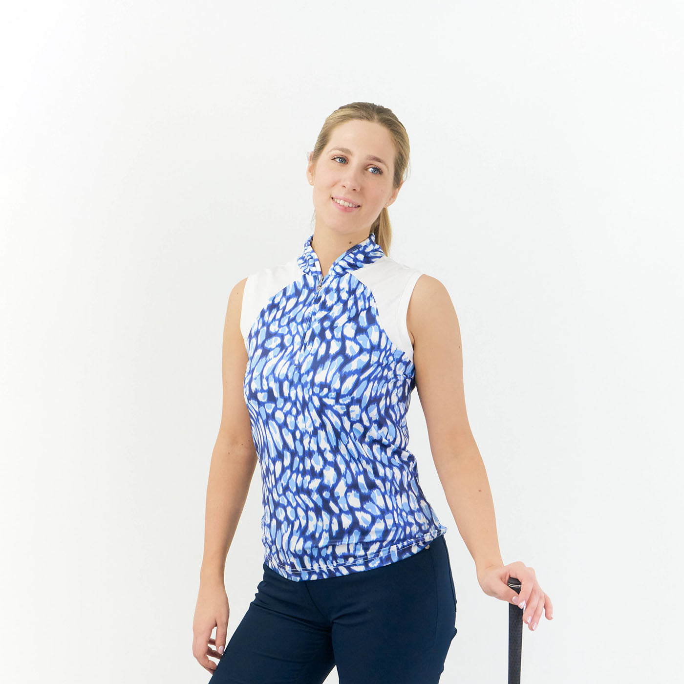 Pure Golf Ladies Sleeveless Zip Neck Top in Leopard Lake