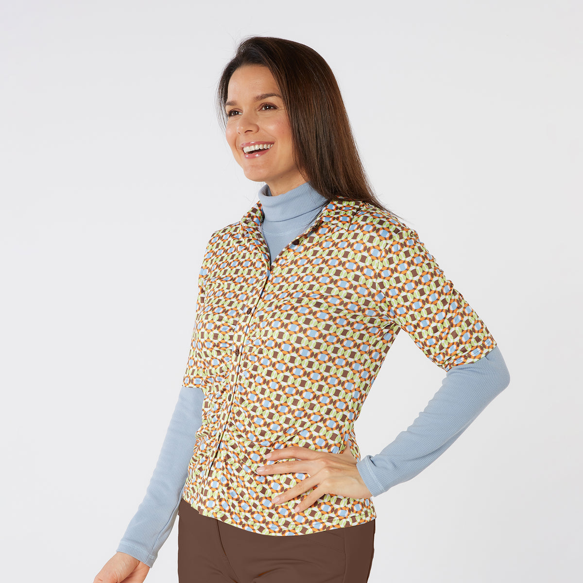 Swing Out Sister Half Sleeve Button Down Polo with Gentle Ruched Detail