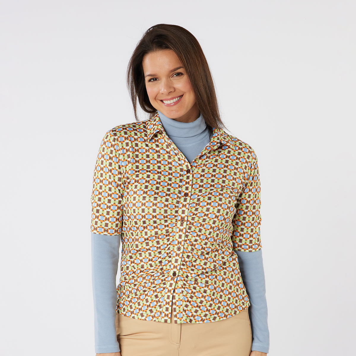 Swing Out Sister Half Sleeve Button Down Polo with Gentle Ruched Detail