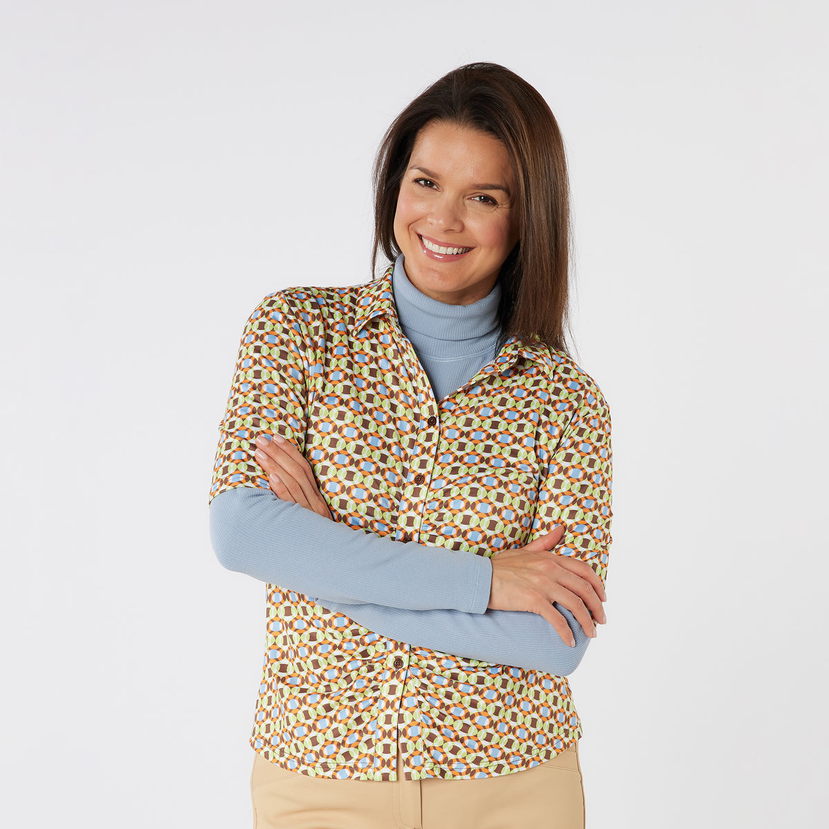 Swing Out Sister Half Sleeve Button Down Polo with Gentle Ruched Detail