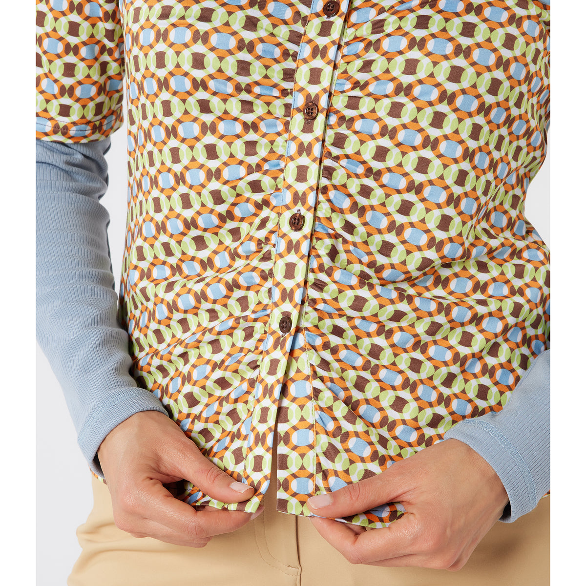 Swing Out Sister Half Sleeve Button Down Polo with Gentle Ruched Detail