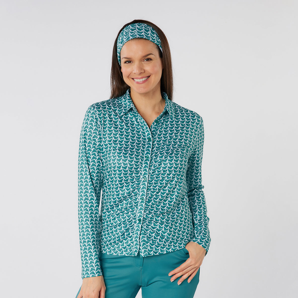 Swing Out Sister Button Down Polo with Gentle Ruched Detail