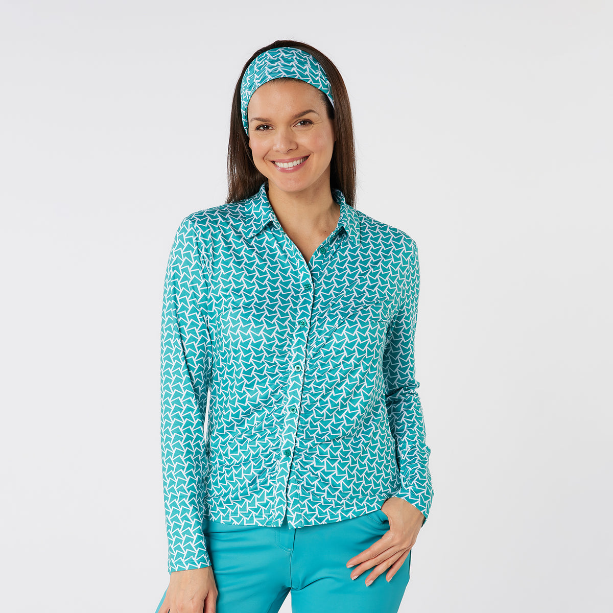 Swing Out Sister Button Down Polo with Gentle Ruched Detail