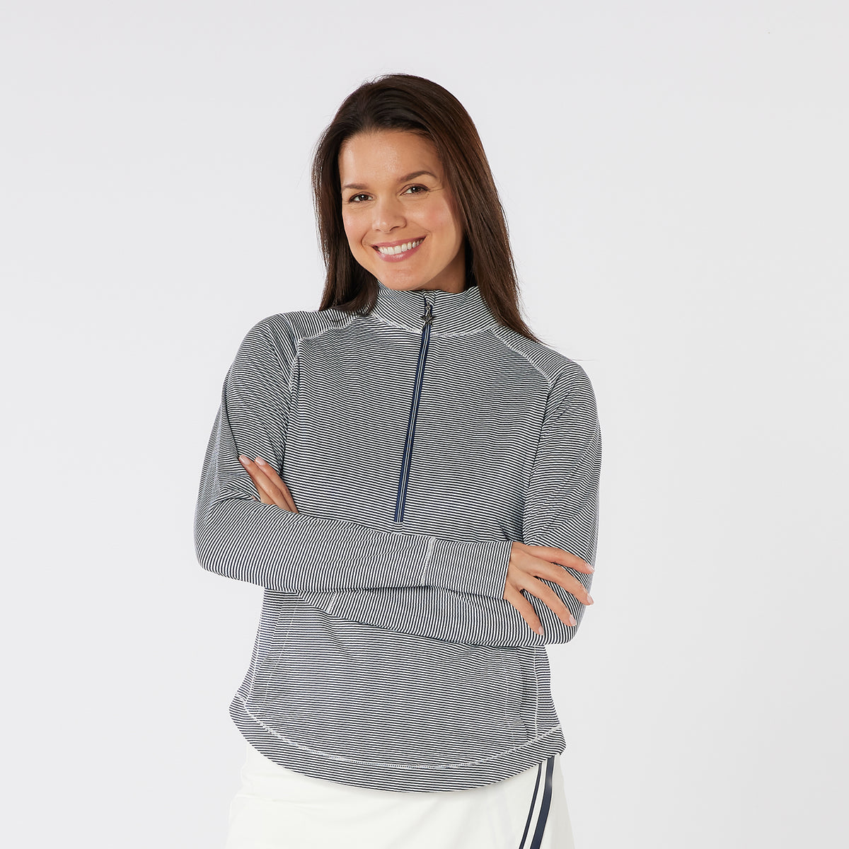 Swing Out Sister Fine Stripe Zip-Neck Top with Front Pocket in Navy & White