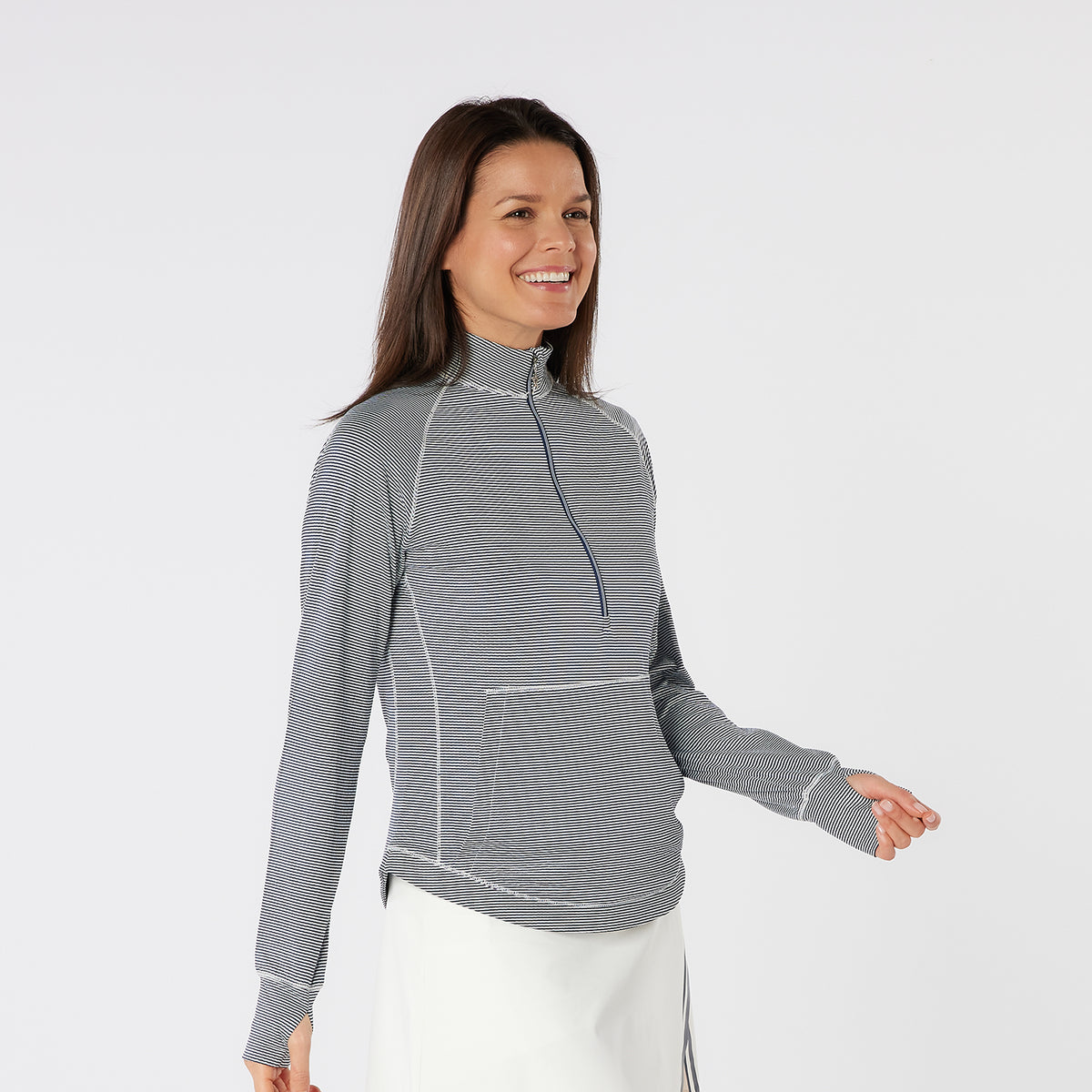 Swing Out Sister Fine Stripe Zip-Neck Top with Front Pocket in Navy & White