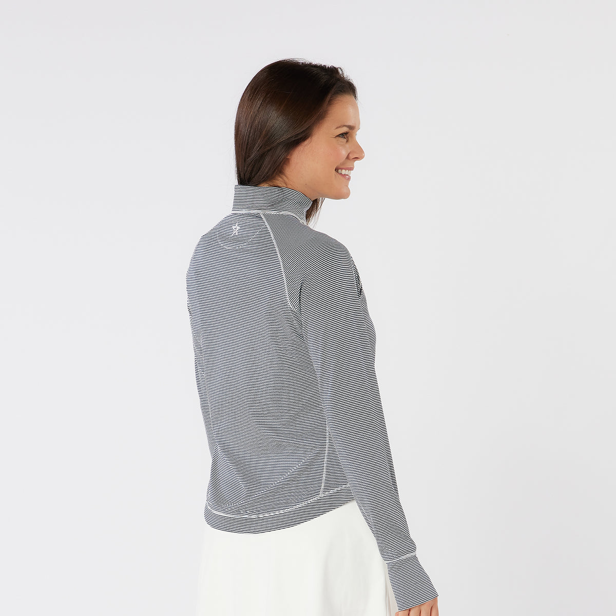 Swing Out Sister Fine Stripe Zip-Neck Top with Front Pocket in Navy & White
