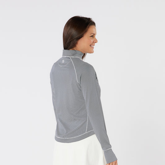 Swing Out Sister Fine Stripe Zip-Neck Top with Front Pocket in Navy & White