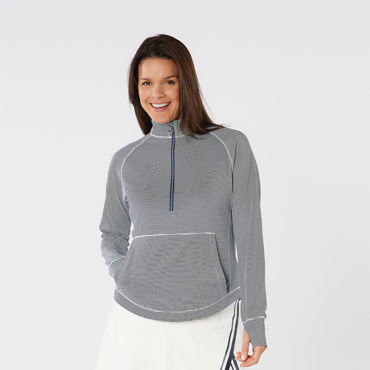 Swing Out Sister Fine Stripe Zip-Neck Top with Front Pocket in Navy & White