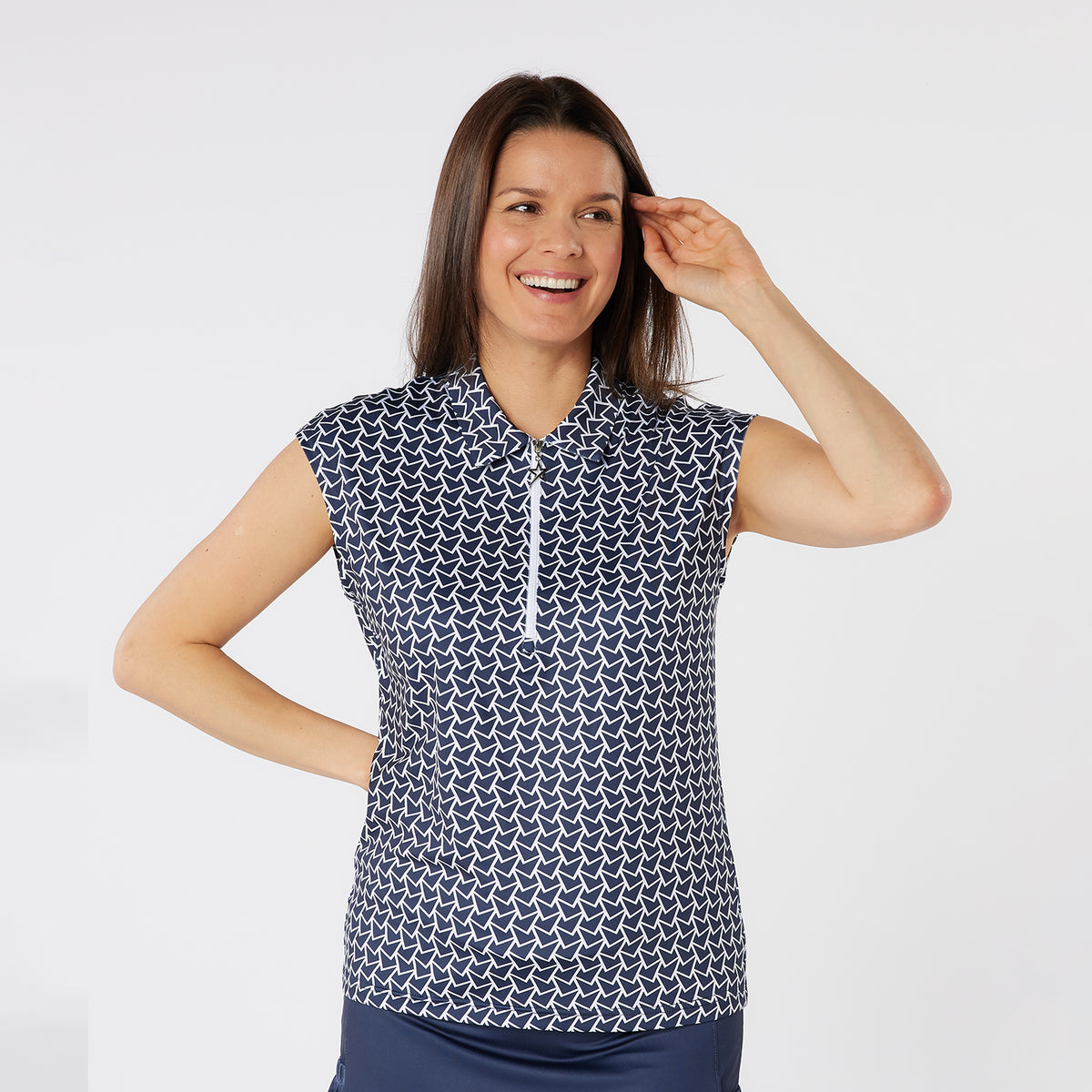 Swing Out Sister Sleeveless Polo with Zip Neck in Navy