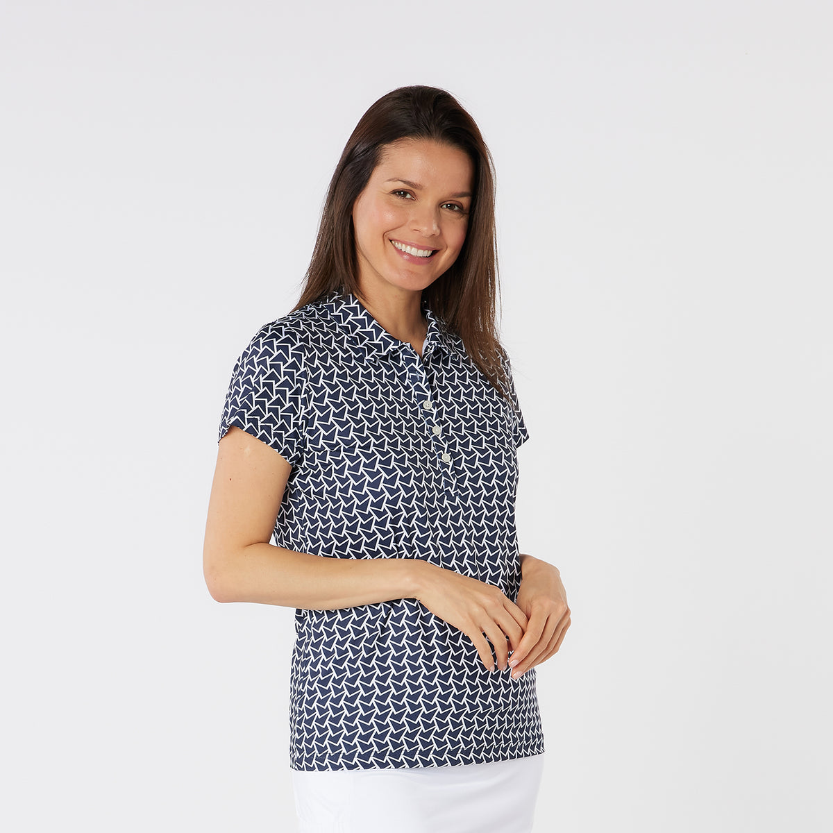 Swing Out Sister Soft-Stretch Short Sleeve Polo with All-over Pattern in Navy