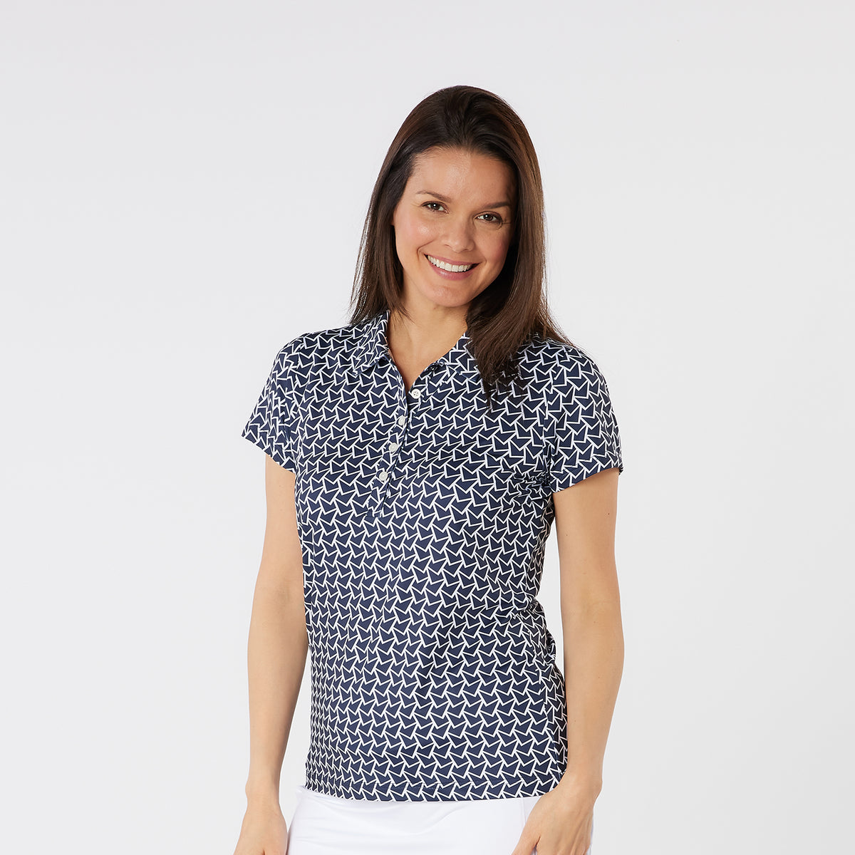Swing Out Sister Soft-Stretch Short Sleeve Polo with All-over Pattern in Navy