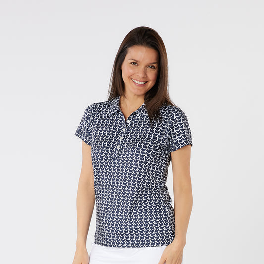 Swing Out Sister Soft-Stretch Short Sleeve Polo with All-over Pattern in Navy