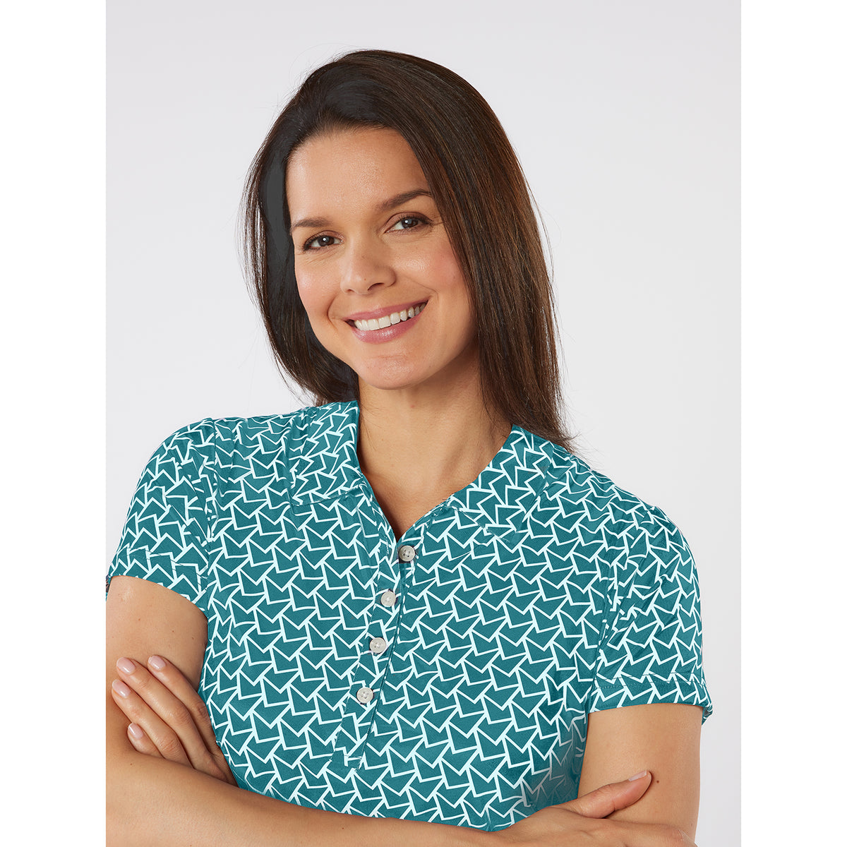 Swing Out Sister Soft-Stretch Short Sleeve Polo with All-over Pattern
