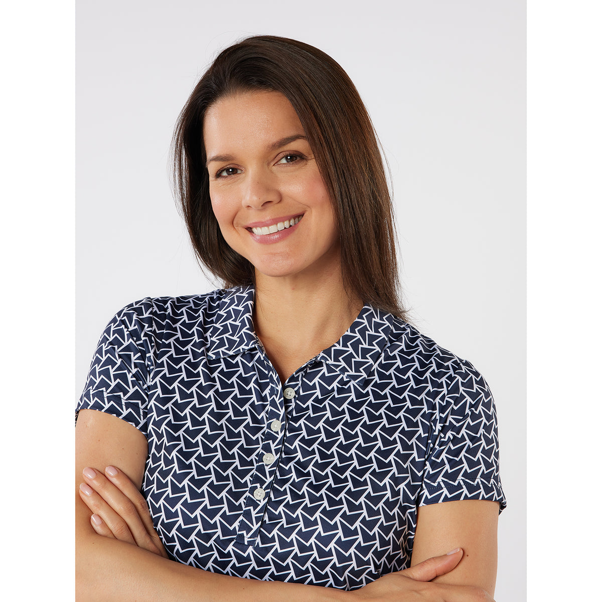 Swing Out Sister Soft-Stretch Short Sleeve Polo with All-over Pattern in Navy