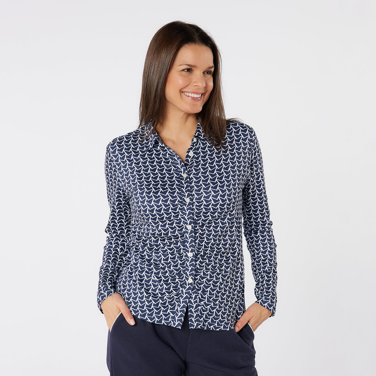 Swing Out Sister Button Down Polo with Gentle Ruched Detail in Navy