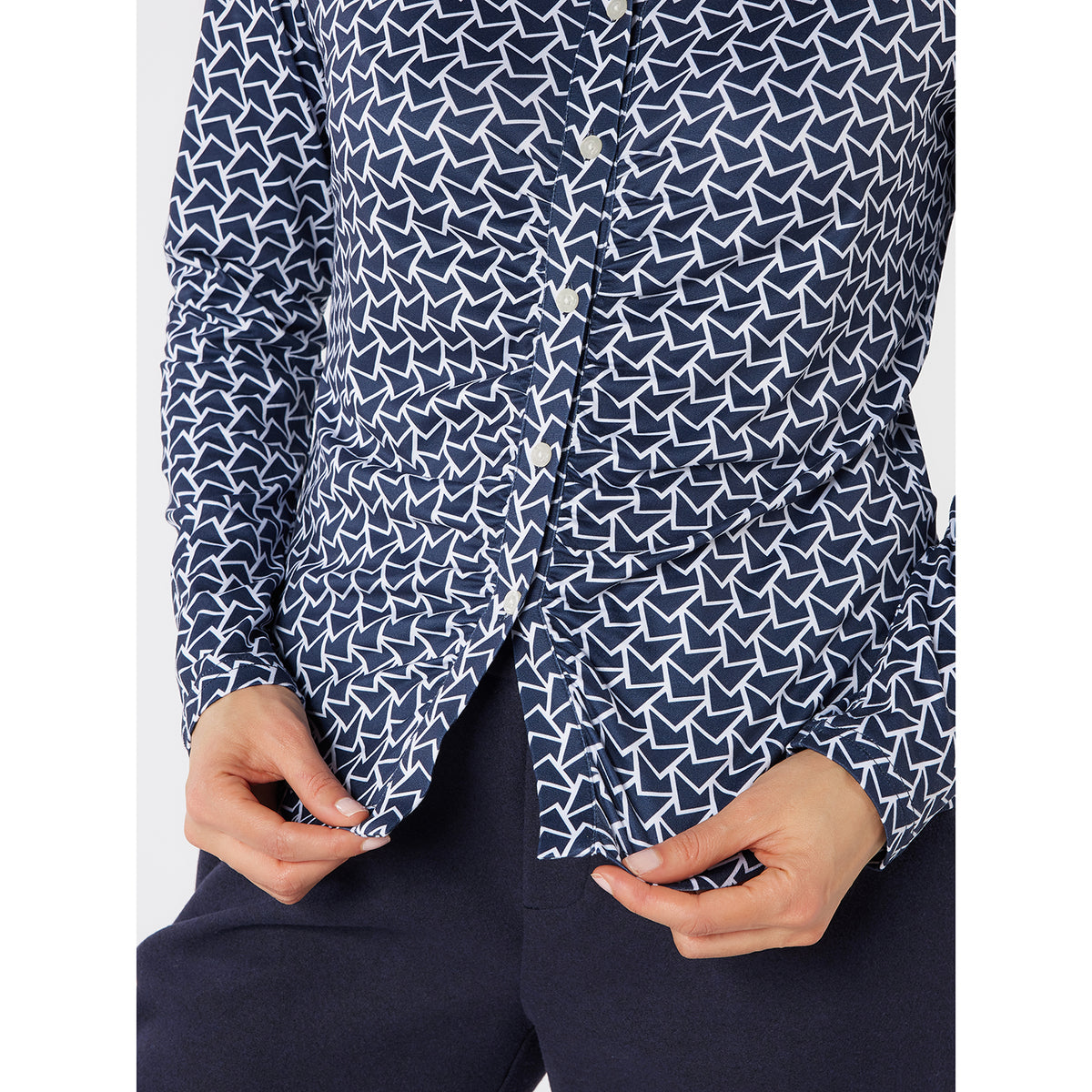 Swing Out Sister Button Down Polo with Gentle Ruched Detail in Navy