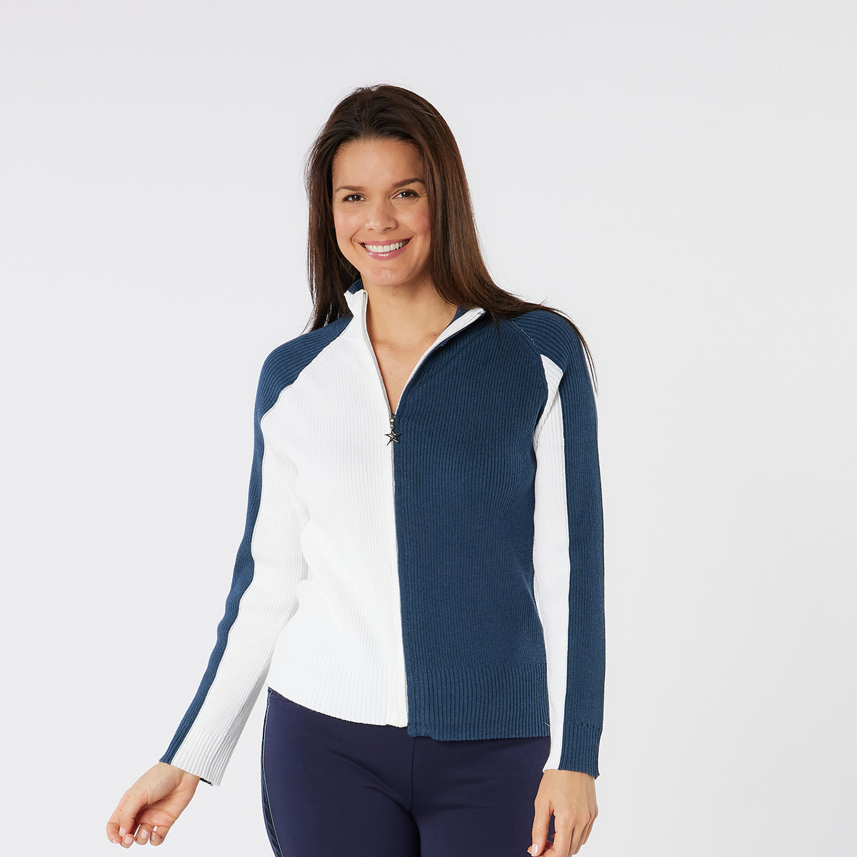 Swing Out Sister Merino Blend Full-Zip Ribbed Cardigan in Navy & White