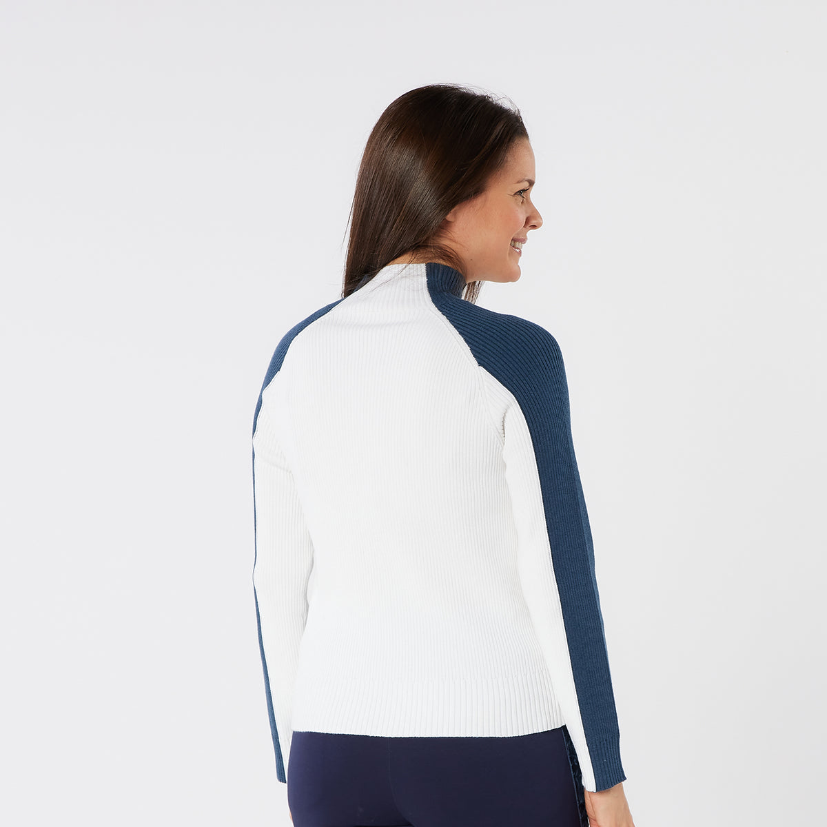 Swing Out Sister Merino Blend Full-Zip Ribbed Cardigan in Navy & White