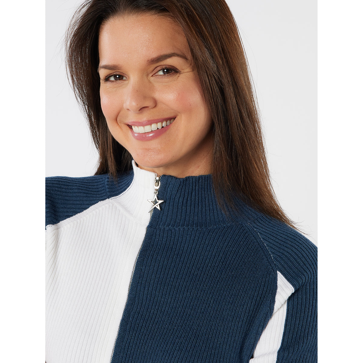 Swing Out Sister Merino Blend Full-Zip Ribbed Cardigan in Navy & White