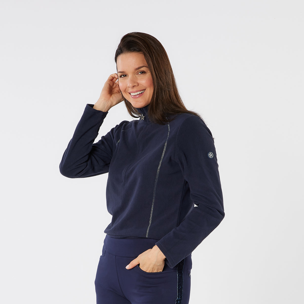 Swing Out Sister Ultra-Soft 1/4 Zip Fleece in Navy with Silver Thread Contour Seams	