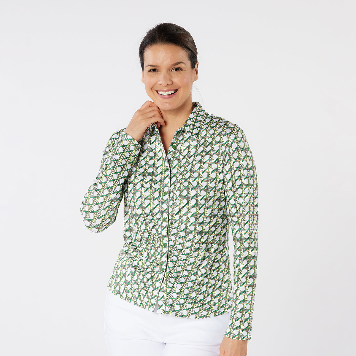 Swing Out Sister Button Down Polo with Gentle Ruched Detail