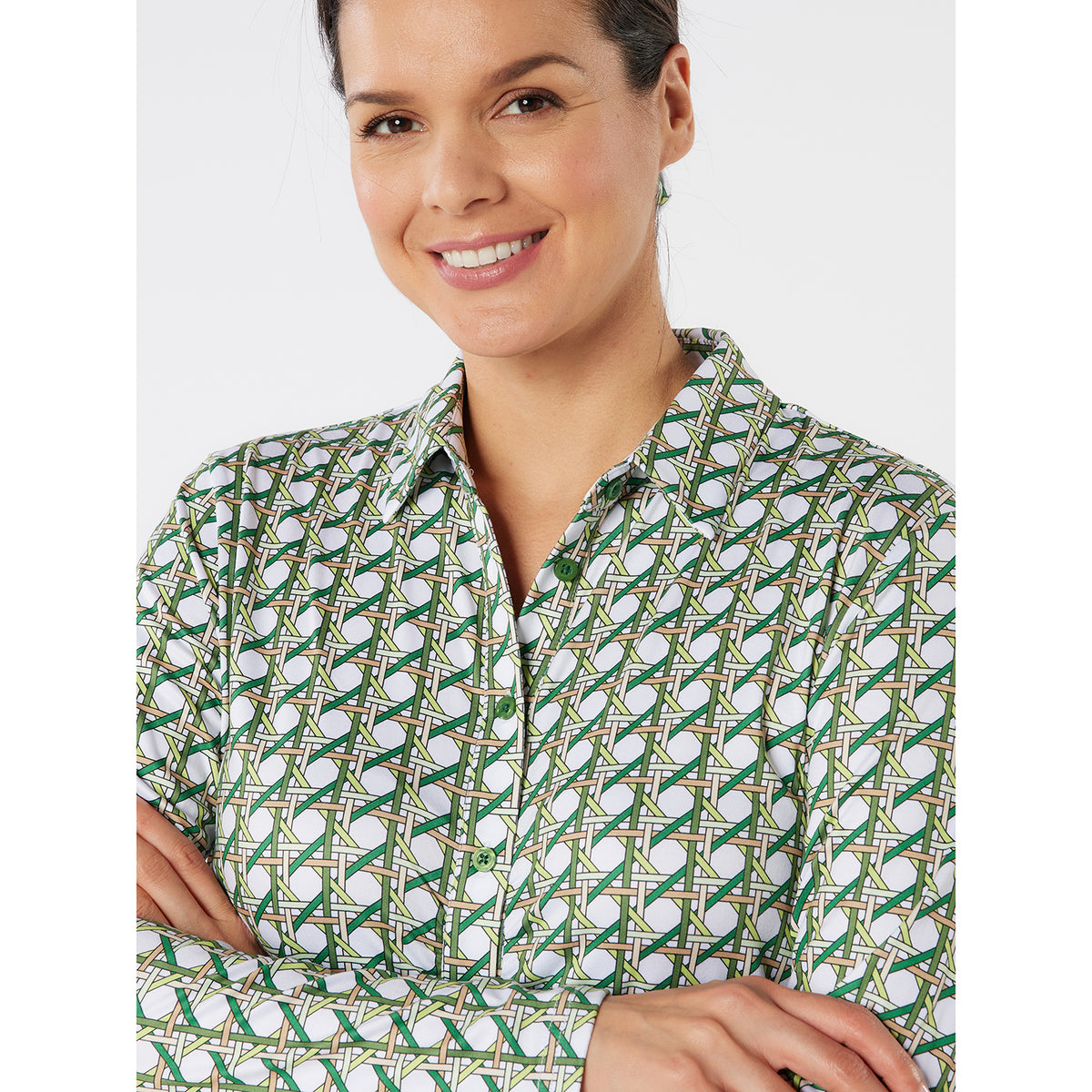 Swing Out Sister Button Down Polo with Gentle Ruched Detail