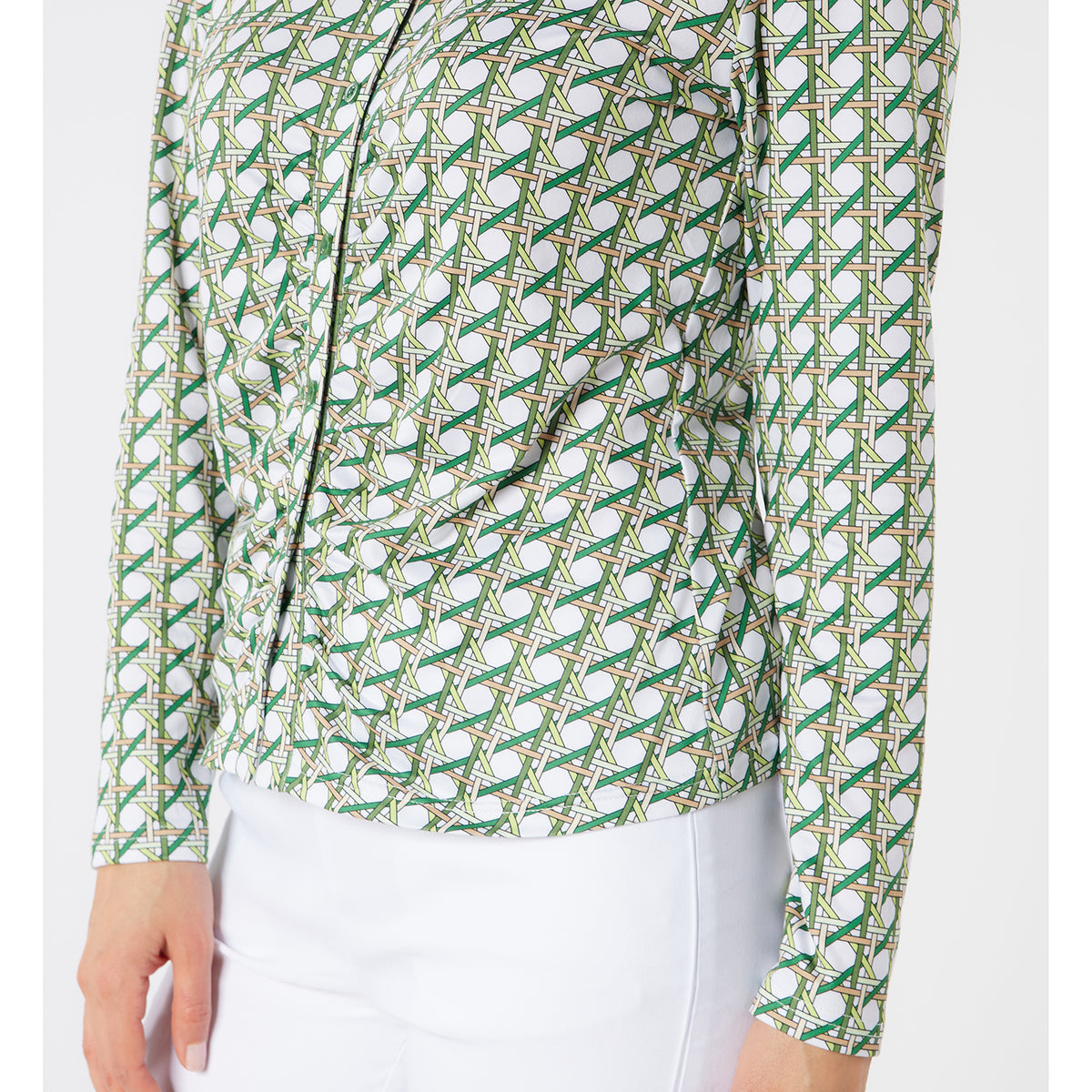 Swing Out Sister Button Down Polo with Gentle Ruched Detail
