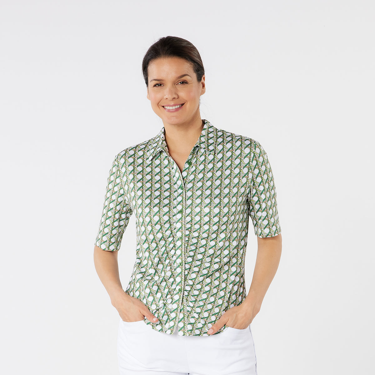Swing Out Sister Half Sleeve Button Down Polo with Gentle Ruched Detail
