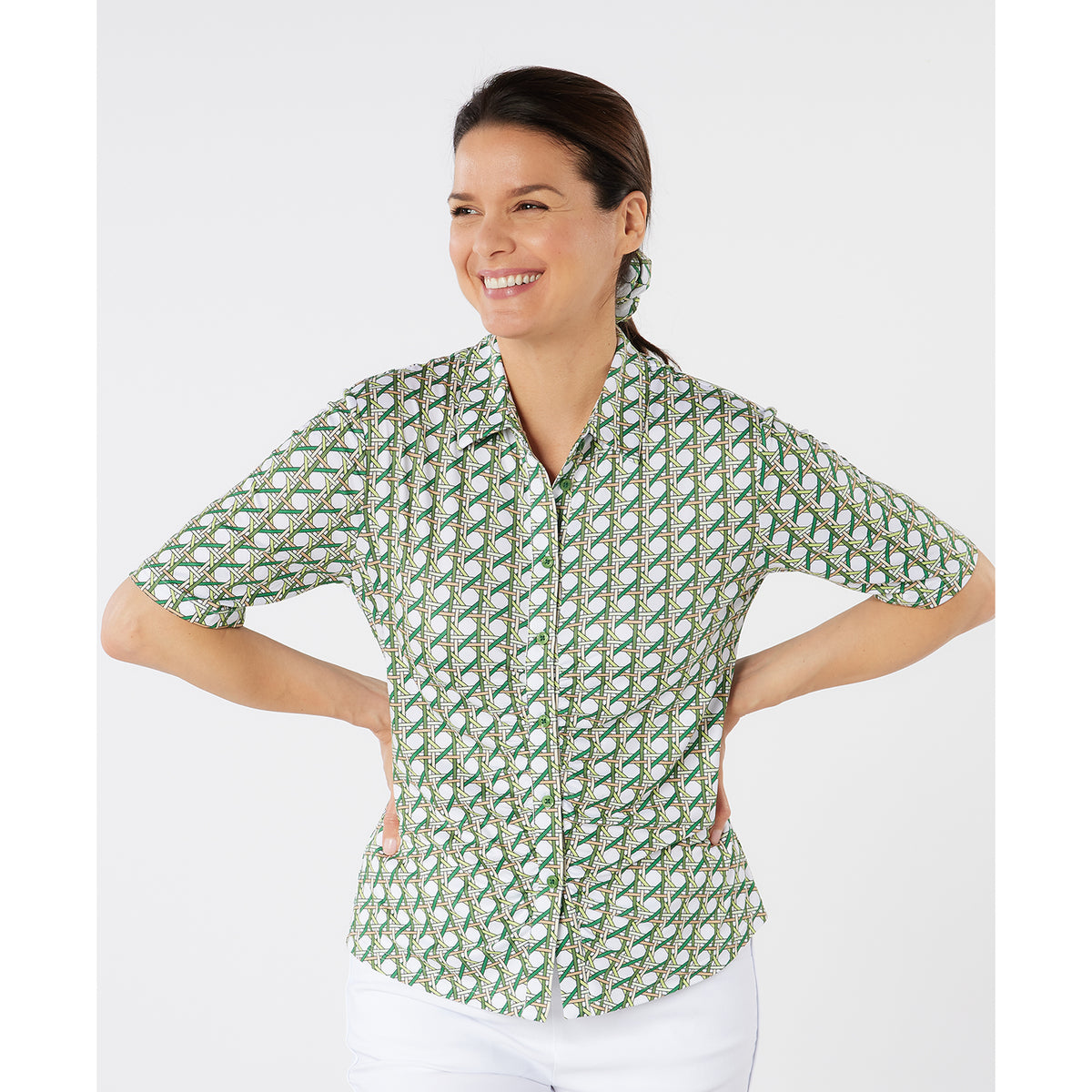 Swing Out Sister Half Sleeve Button Down Polo with Gentle Ruched Detail