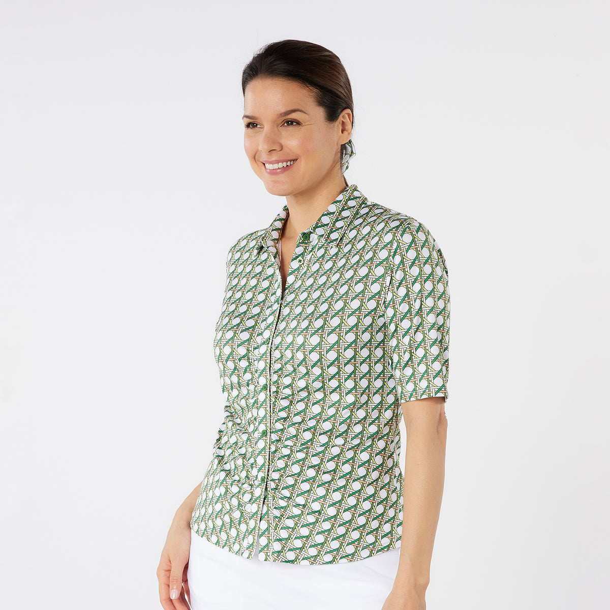 Swing Out Sister Half Sleeve Button Down Polo with Gentle Ruched Detail