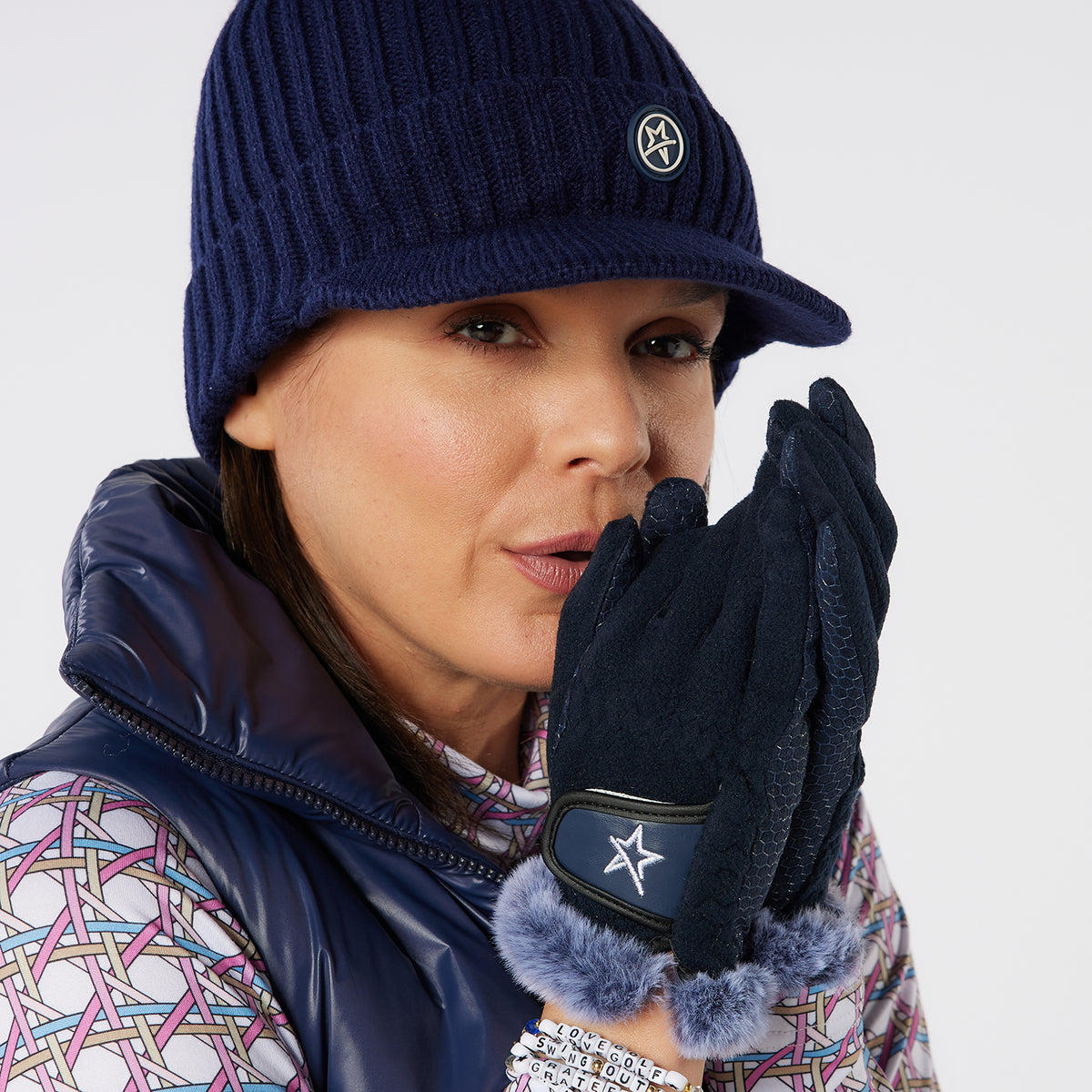 Swing Out Sister Ladies Winter Fleece Gloves with Faux Fur Trim in Navy