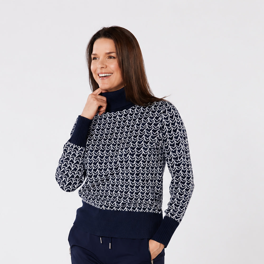 Swing Out Sister Ultra-Soft Pattern Knit Roll Neck in Navy