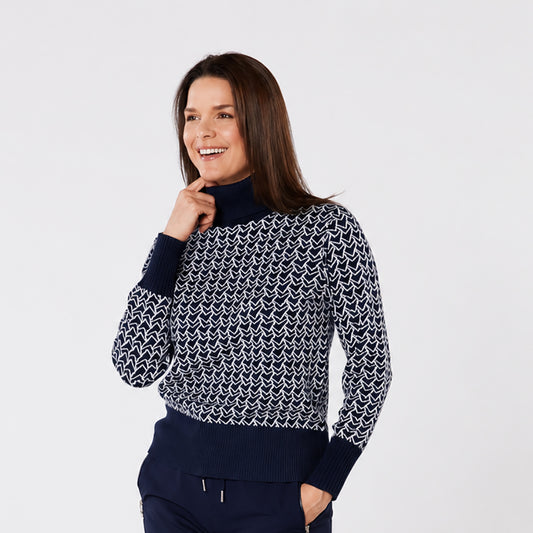 Swing Out Sister Ultra-Soft Pattern Knit Roll Neck in Navy