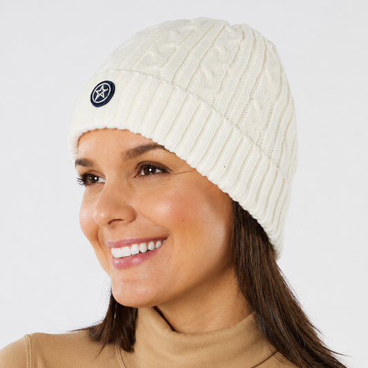 Swing Out Sister Ladies Fleece Lined Cable Knit Beanie Hat in White