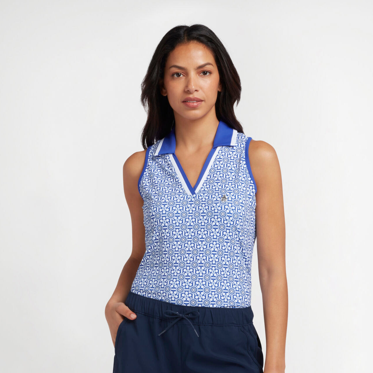 Original Penguin Ladies Sleeveless Geo Print V-Neck Polo Shirt - Last One Small Only Left