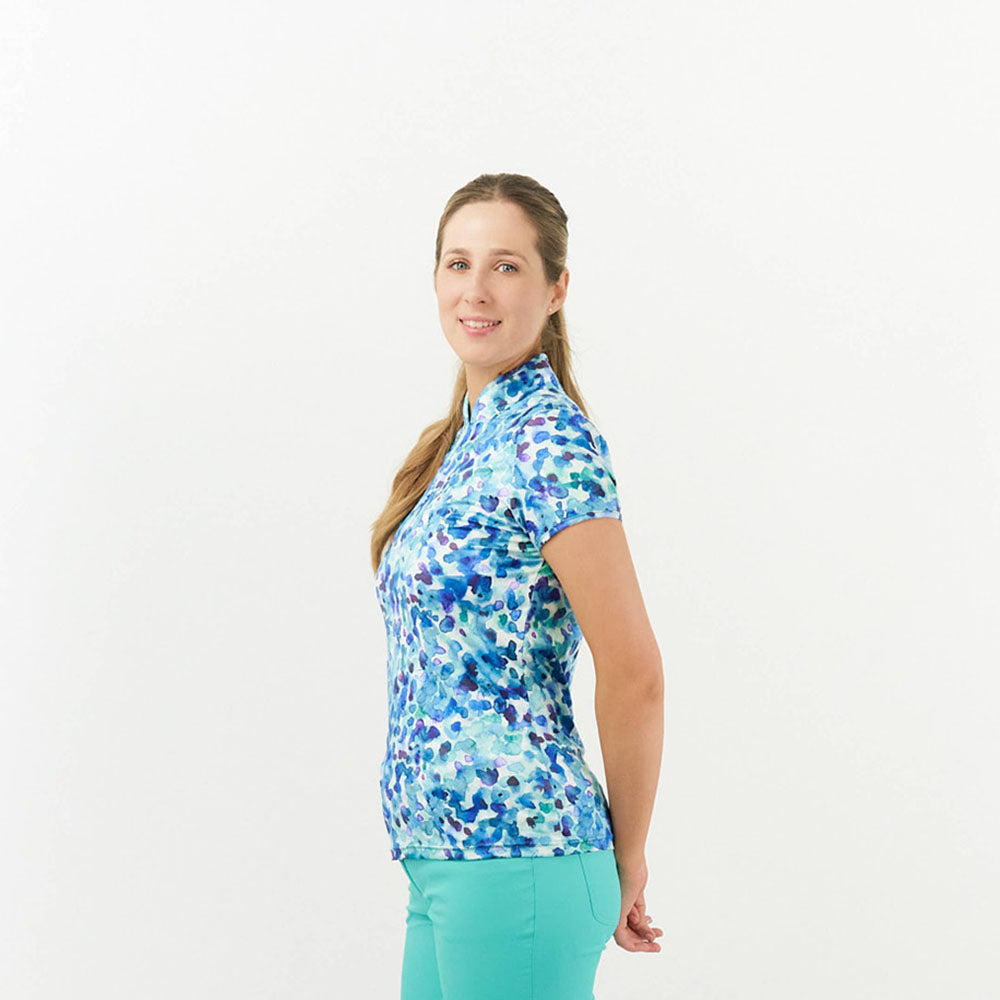 Pure Golf Cap Sleeve Zip Neck Top in Dappled Ocean Print